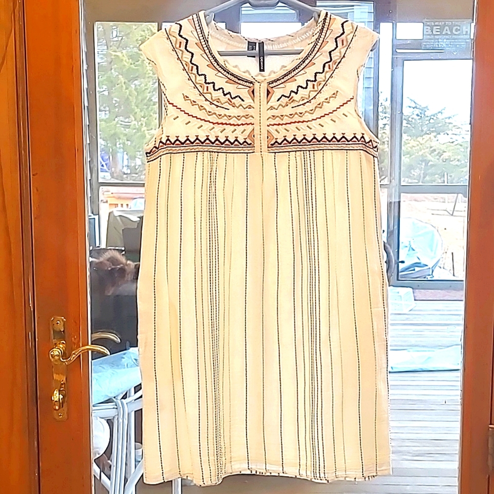 Mango Bohemien Embroidered Cream Cotton Sundress Dress Sz 6